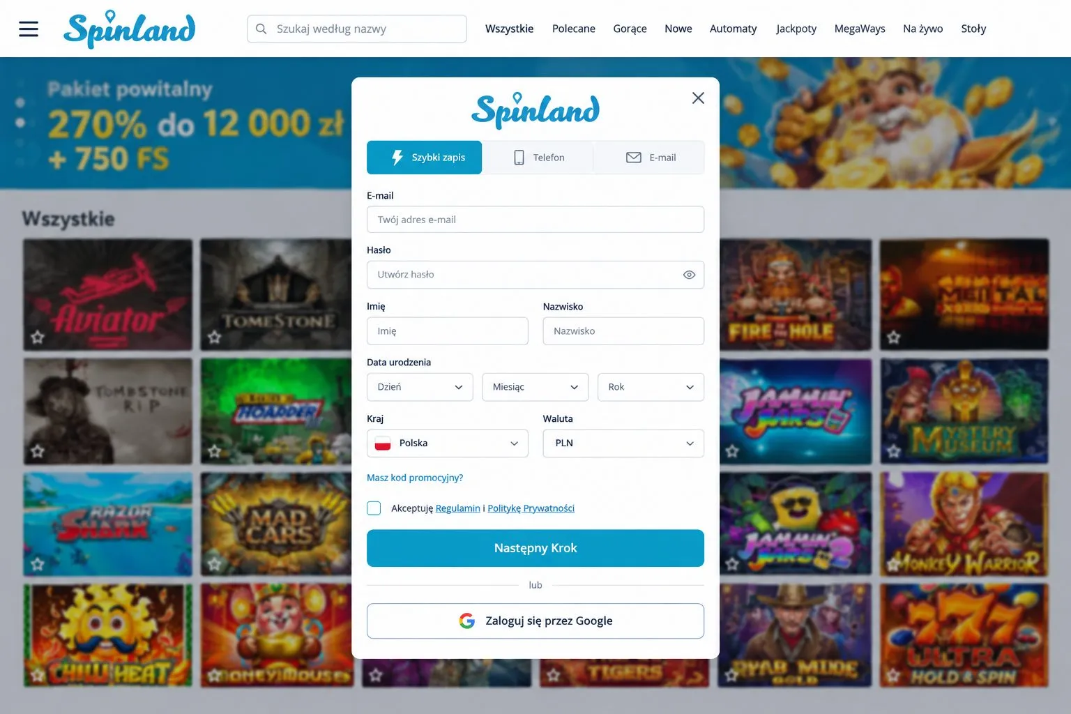Rejestracja w Spinlander krok po kroku